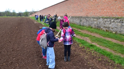 Hände auf fürs Saatgut: Zu den praktischen Aktionen der Schüler zählte das Ansäen einer Blühwiese. (Foto: Kurt Güner)