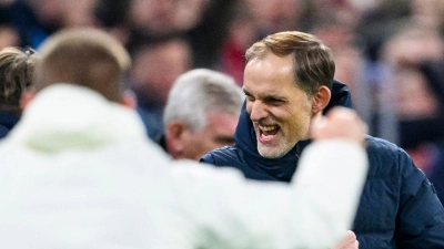 Münchens Trainer Thomas Tuchel jubelt nach dem Spiel. (Foto: Tom Weller/dpa)