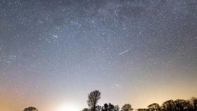 Der Sternenhimmel leuchtet über einem Rapsfeld. Auch im Mai lohnt sich ein Blick ins Firmament (Archivbild). (Foto: Daniel Reinhardt/dpa)